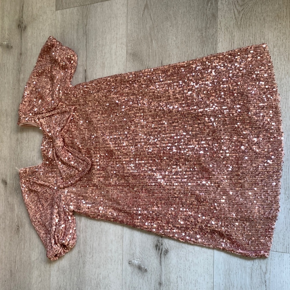 Zara Girls Rose Gold Sequin Bow‎ Mini Dress Size 11-12 Party Holiday Sparkly
